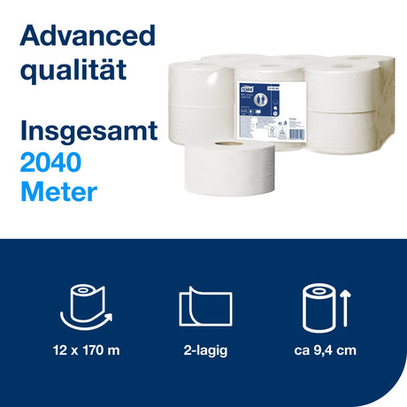 Tork Mini Jumbo Toilettenpapier T2 Advanced, 2-lagig, weiß – 170 m/Rolle – Ansicht 2
