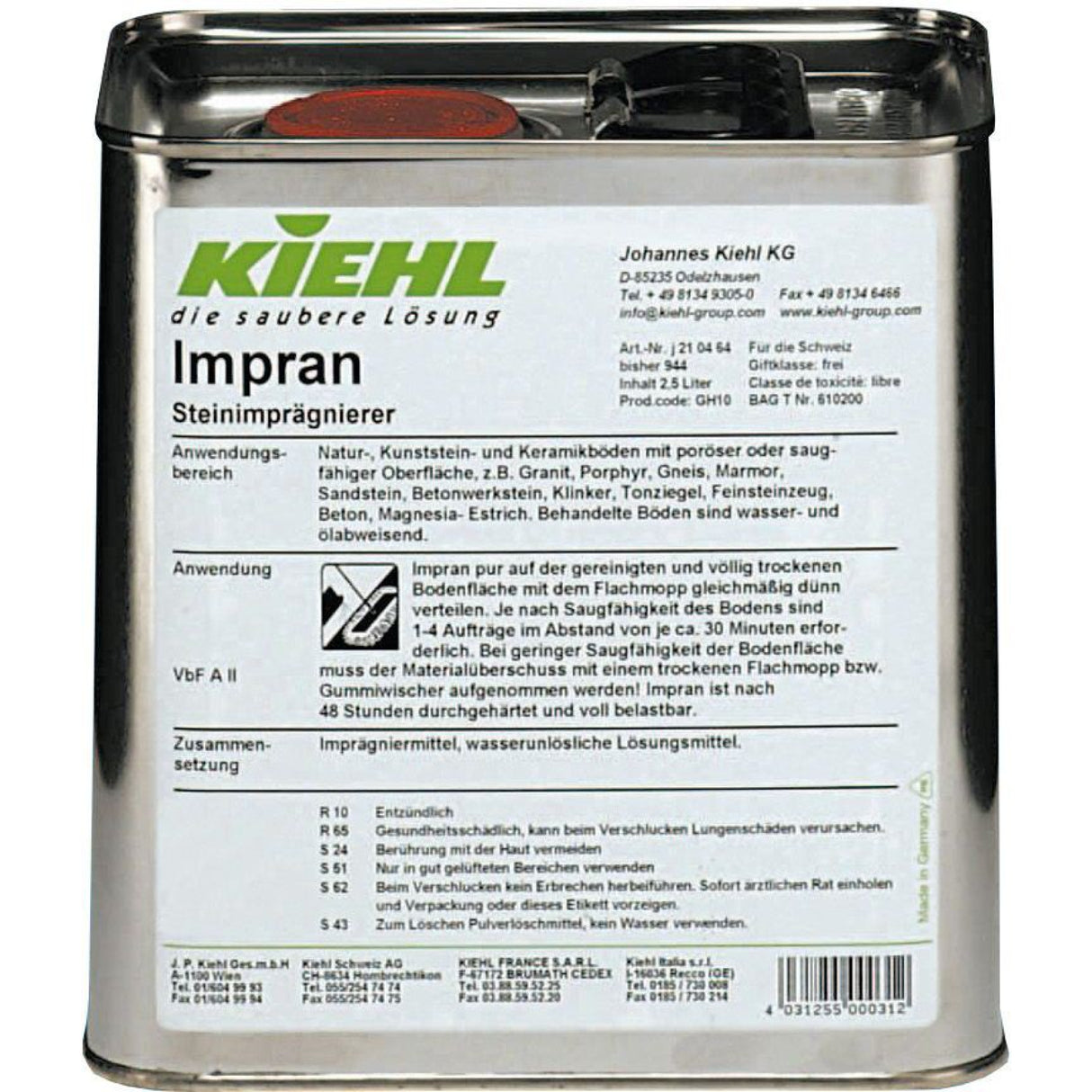 Kiehl Impran Steinimprägnierer – 1 Karton = 4 Blechkanister à 2,5 Liter