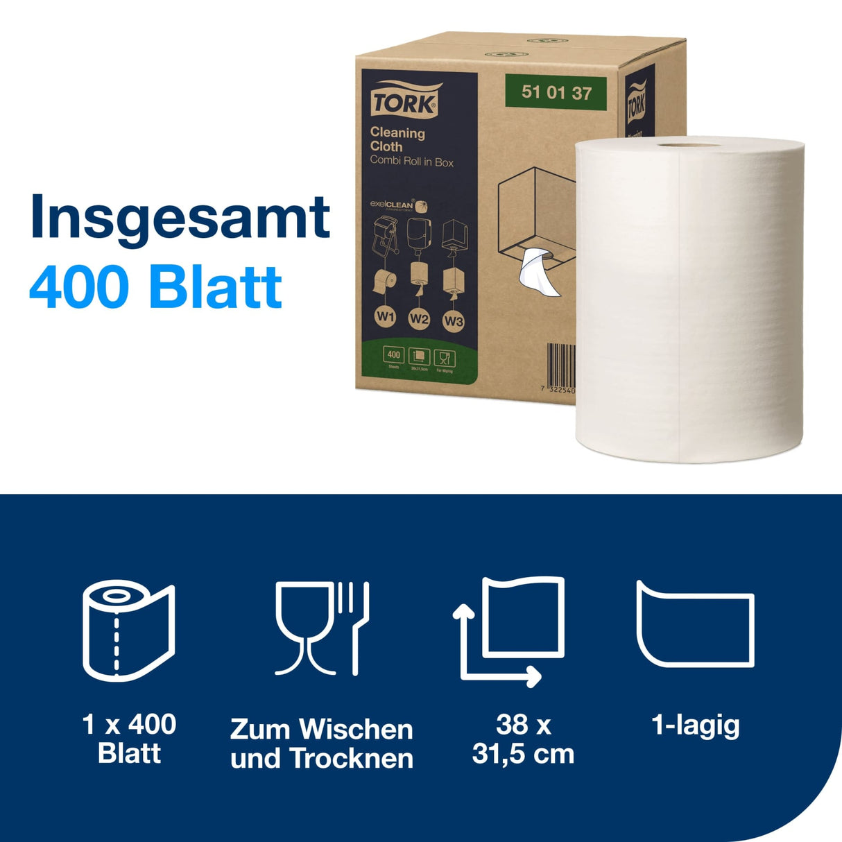 Tork Reinigungstücher W1/W2/W3, 1-lagig, 400 Tücher/Rolle, wiederverwendbar – Ansicht 2