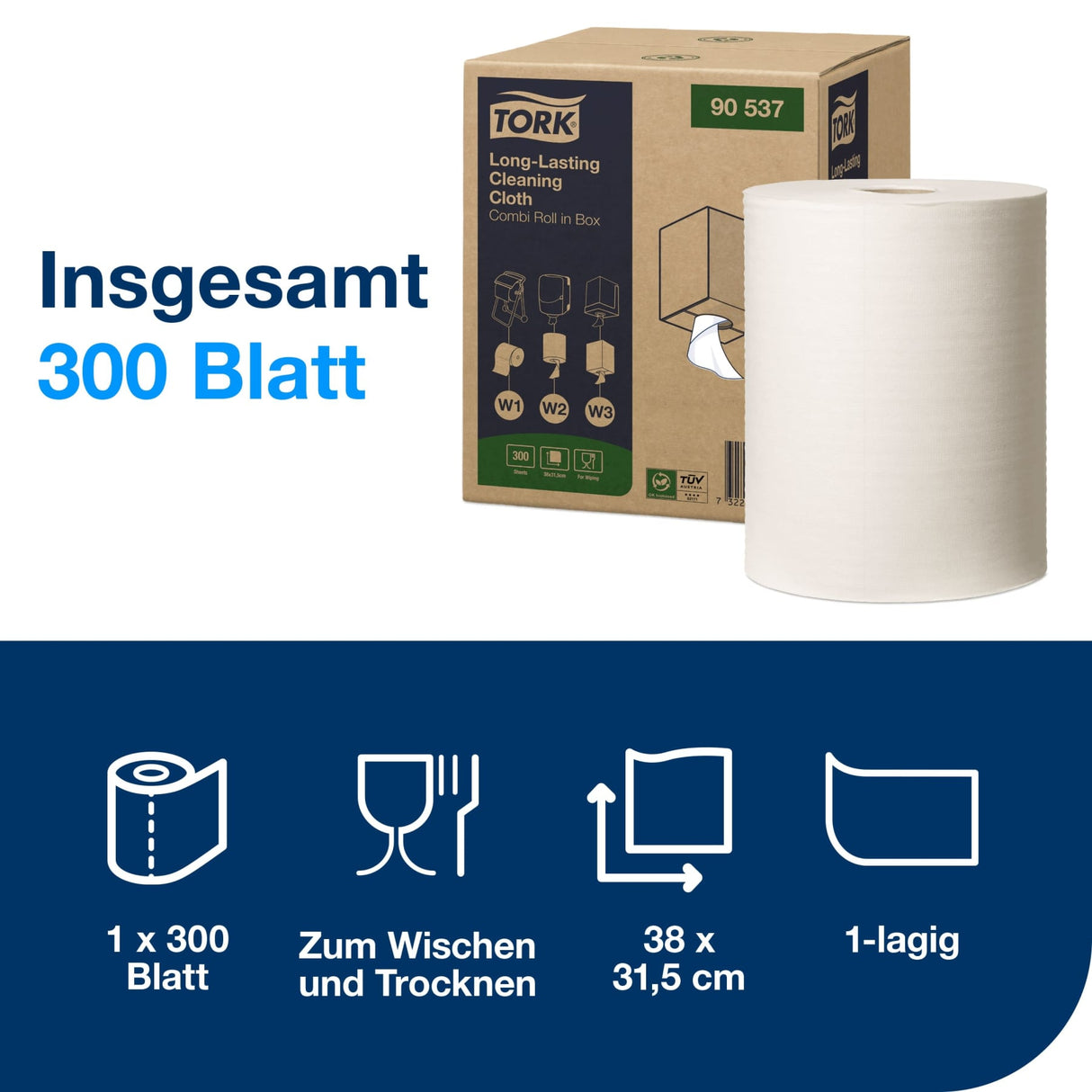 Tork Reinigungstücher W1/W2/W3, 1-lagig, weiß, 300 Tücher je Rolle – Ansicht 2