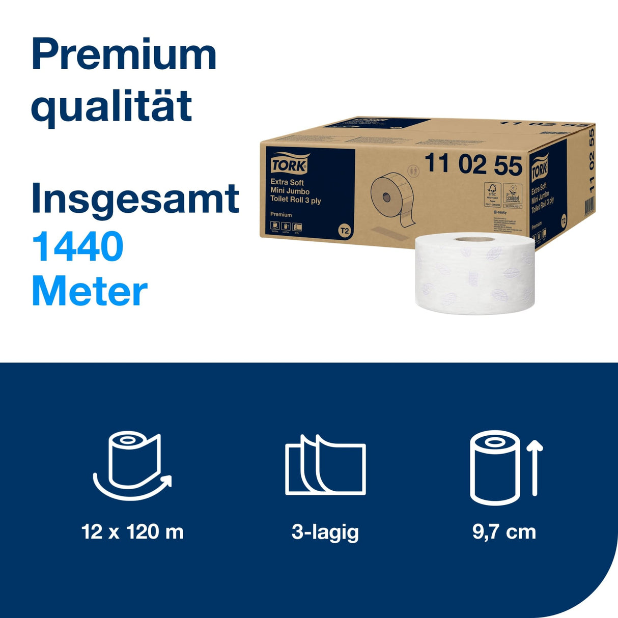 Tork Mini Jumbo Toilettenpapier T2 Premium, 3-lagig, weiß – extra weich – Ansicht 2