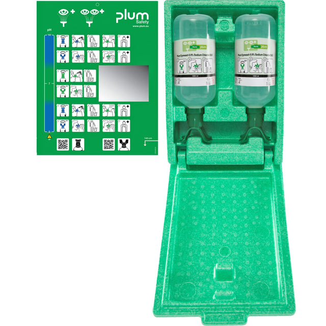 Plum Augenspülstation DUO in Wandbox – mit 2 x 1,0 Liter NaCl und DUO-Aufsatz