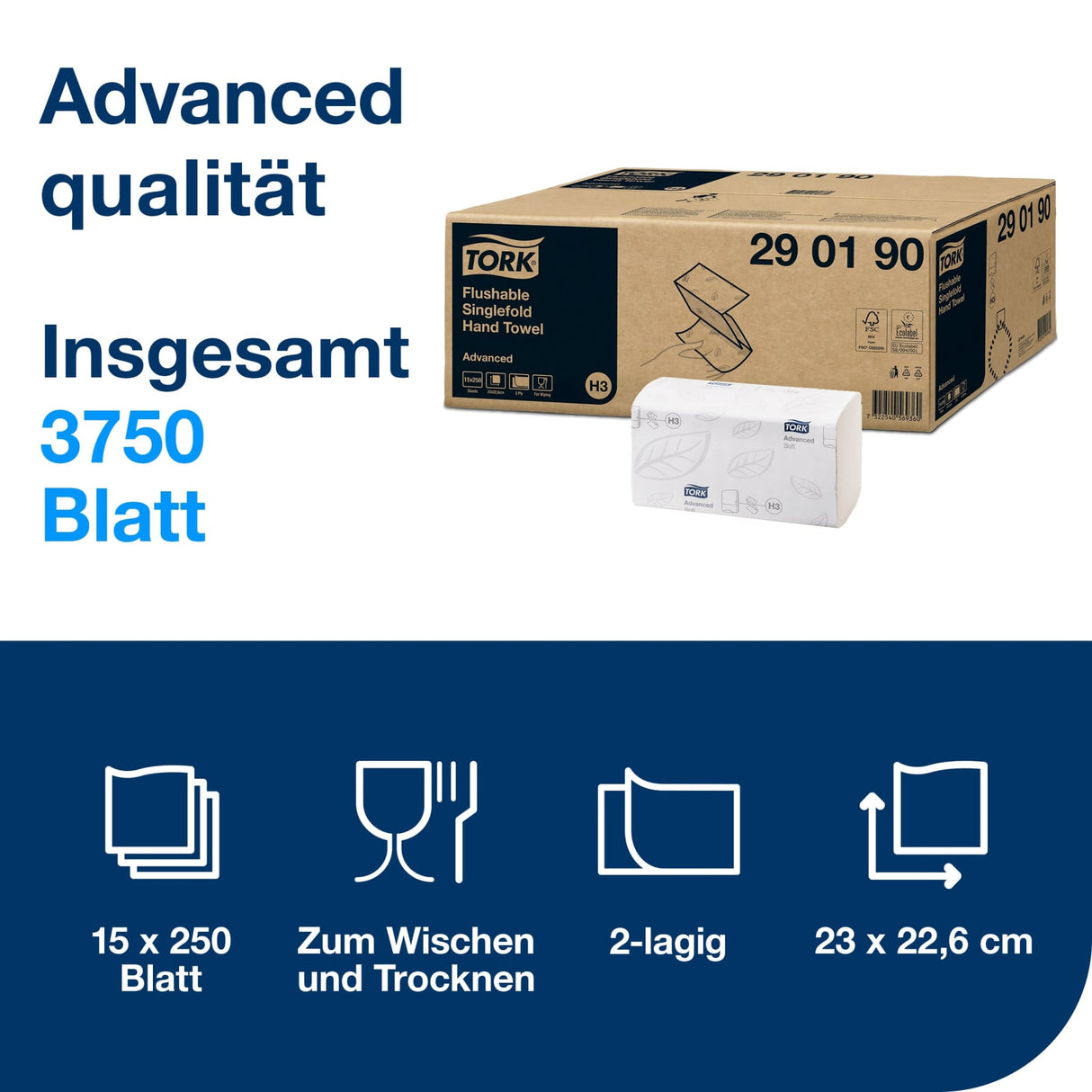 Tork Papierhandtücher H3 Advanced, 2-lagig, herunterspülbar, Singlefold – Ansicht 2