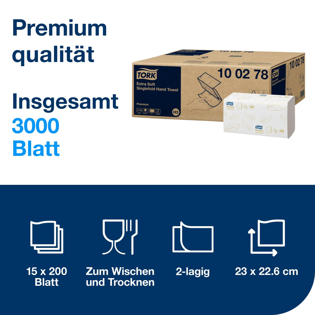 Tork Papierhandtücher H3 Premium, 2-lagig, Zickzack-Faltung, 23 x 23 cm – Ansicht 2