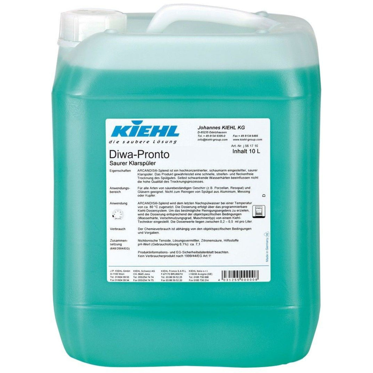 Kiehl DIWA-Pronto saurer Klarspüler – 10 Liter - Kanister