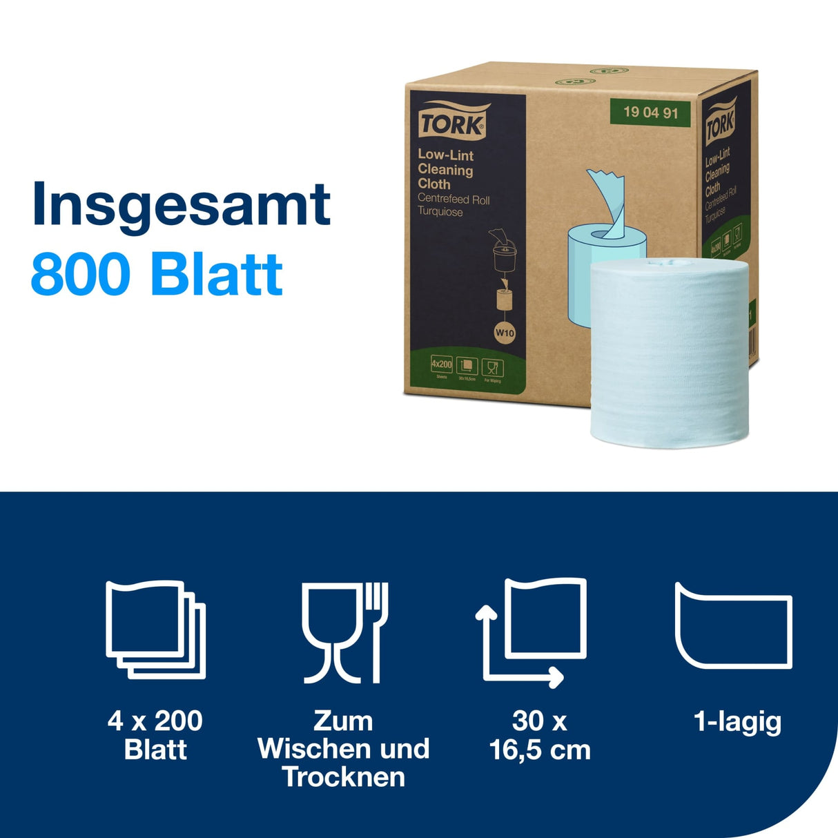 Tork Fusselarme Reinigungstücher, 1-lagig, blau, W10, Rolle – Ansicht 2